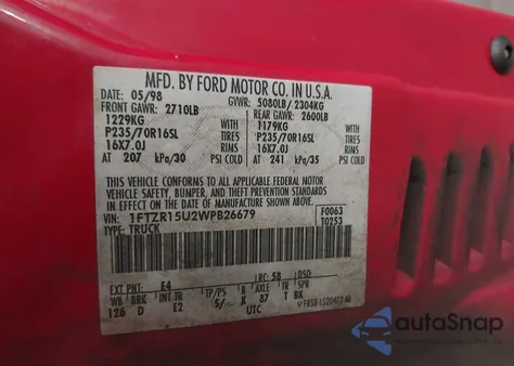 1998 Ford Ranger Splash/Xl/Xlt из США, поврежденный, VIN 1FTZR15U2WPB26679